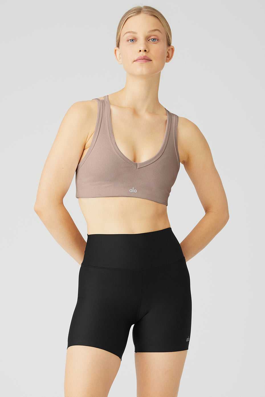 Soutien Gorge Alo Yoga Airlift Ribbed Jump Start V-Neck Grise Marron Femme | UOV-30553517