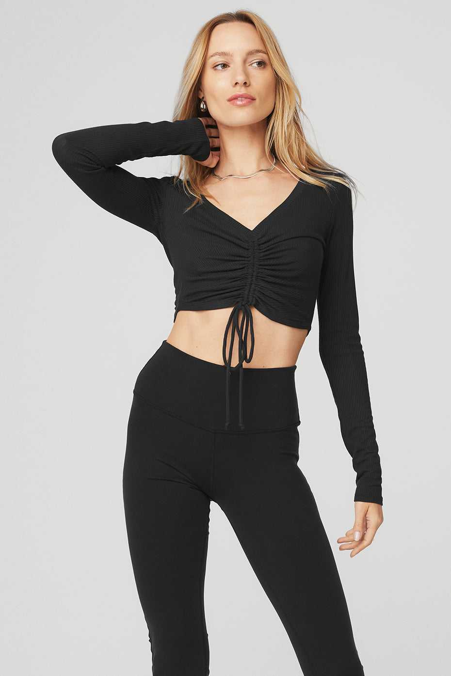 Hauts Courts Alo Yoga Ribbed Cinch Cropped Long Sleeve Noir Femme | VVV-60438867