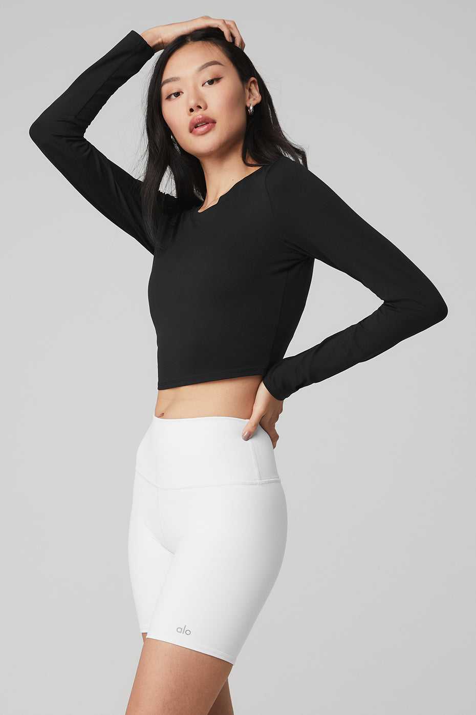 Hauts Courts Alo Yoga Alosoft Crop Finesse Long Sleeve Noir Femme | KZN-34866452