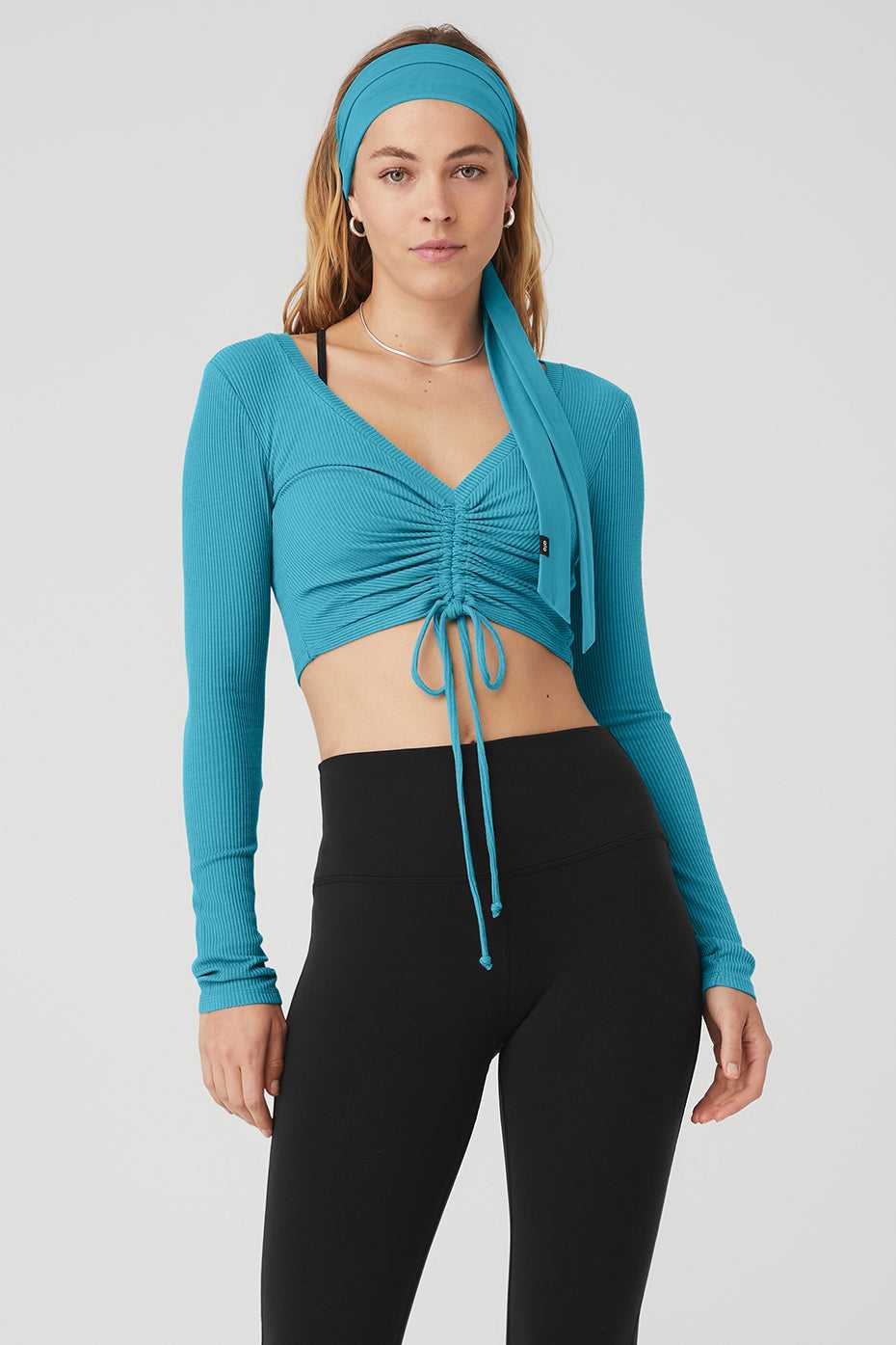 Hauts Courts Alo Yoga Ribbed Cinch Cropped Long Sleeve Bleu Femme | FAQ-00427916