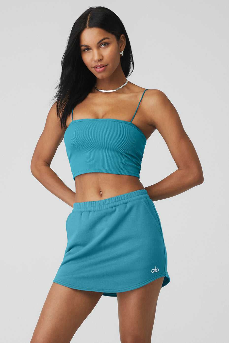 Hauts Courts Alo Yoga Goddess Ribbed Bandeau Bleu Femme | UXH-08171228