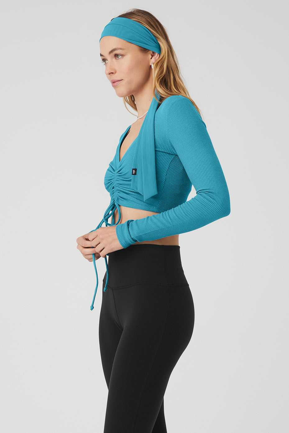 Hauts Courts Alo Yoga Ribbed Cinch Cropped Long Sleeve Bleu Femme | FAQ-00427916