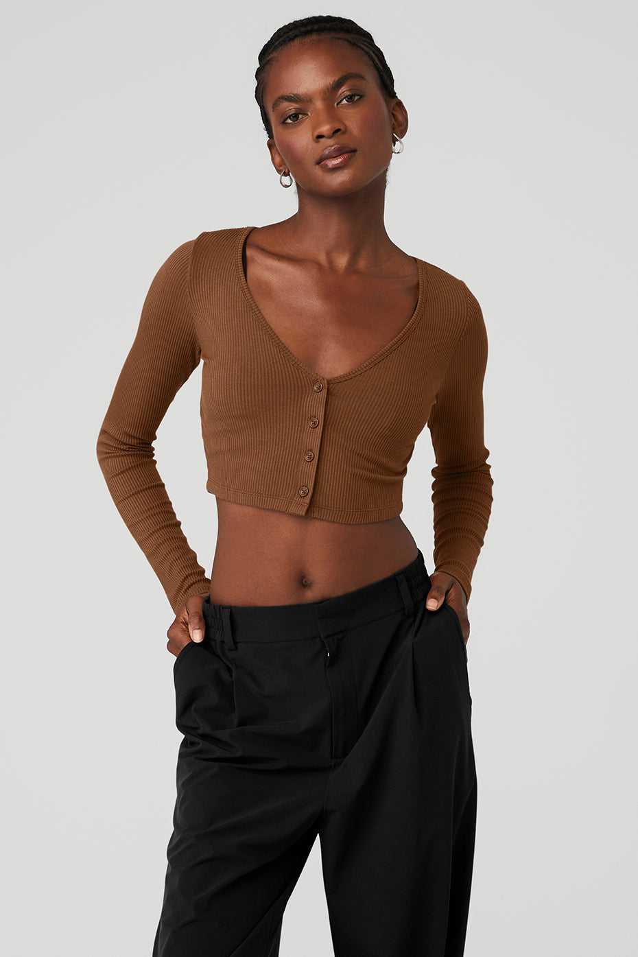 Hauts Courts Alo Yoga Ribbed Cropped Whisper Cardigan Marron Femme | WRU-91667895