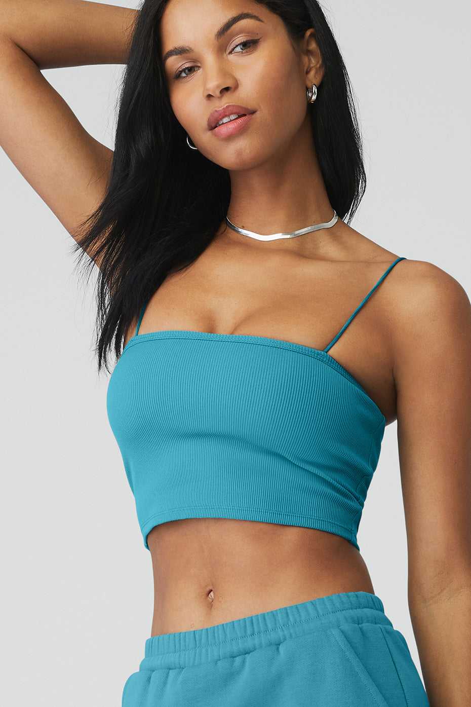 Hauts Courts Alo Yoga Goddess Ribbed Bandeau Bleu Femme | UXH-08171228