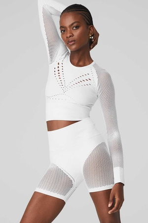 Hauts Courts Alo Yoga Seamless Open Air Long Sleeve Blanche Femme | GIN-85258290