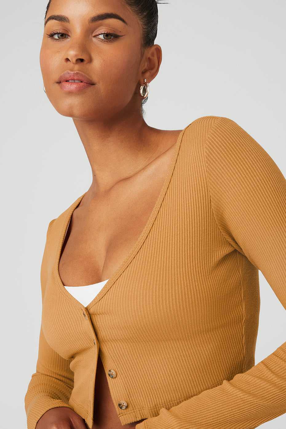 Hauts Courts Alo Yoga Ribbed Cropped Whisper Cardi Toffee Femme | GXH-86893526