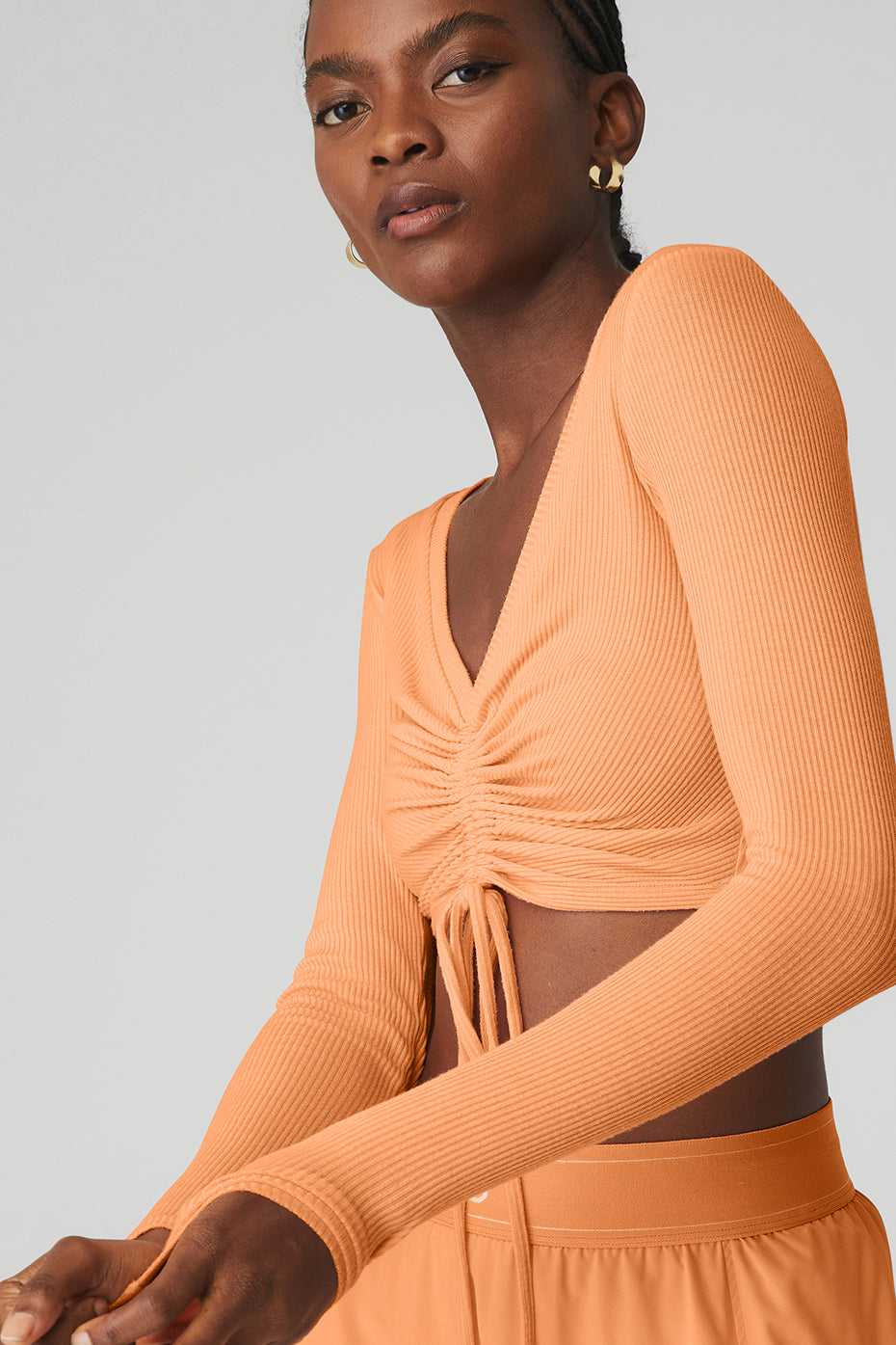 Hauts Courts Alo Yoga Ribbed Cinch Cropped Long Sleeve Cantaloupe Femme | GDF-36600231